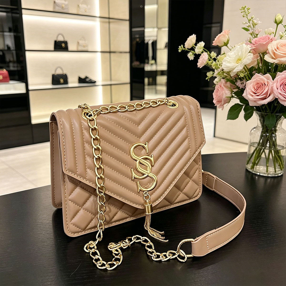 Chain Crossbody Quilted - Light Luxury Elegant Argyle Quilted Chain